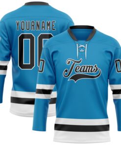 Custom Panther Blue Black-White Hockey Lace Neck Jersey
