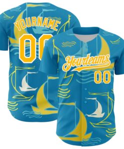 Custom Panther Blue Gold-White 3D Pattern Design Sailing Boats Authentic Baseball Jersey