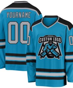 Custom Panther Blue Gray-Black Hockey Jersey