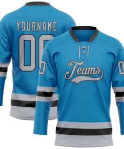 Custom Panther Blue Gray-Black Hockey Lace Neck Jersey