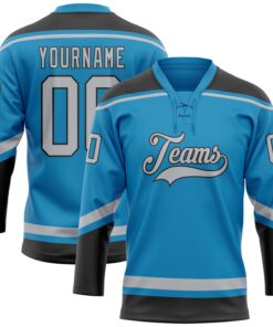Custom Panther Blue Gray-Black Hockey Lace Neck Jersey