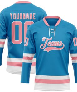 Custom Panther Blue Medium Pink-White Hockey Lace Neck Jersey