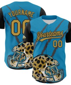 Custom Panther Blue Old Gold-Black 3D Pattern Design Football Jaguar Helmet And Animal Claw Authentic Baseball Jersey