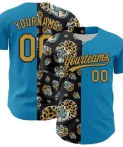 Custom Panther Blue Old Gold-Black 3D Pattern Design Football Jaguar Helmet Authentic Baseball Jersey