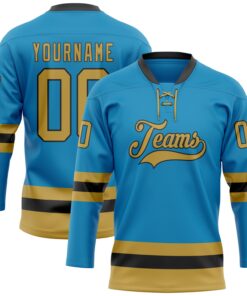 Custom Panther Blue Old Gold-Black Hockey Lace Neck Jersey