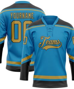Custom Panther Blue Old Gold-Black Hockey Lace Neck Jersey