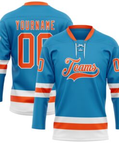 Custom Panther Blue Orange-White Hockey Lace Neck Jersey
