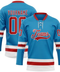 Custom Panther Blue Red-White Hockey Lace Neck Jersey