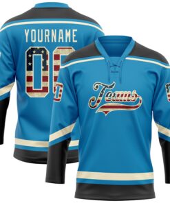 Custom Panther Blue Vintage USA Flag Black-Cream Hockey Lace Neck Jersey
