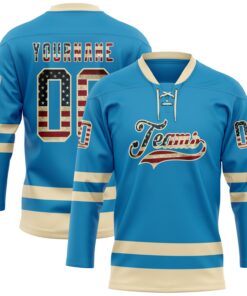 Custom Panther Blue Vintage USA Flag-Cream Hockey Lace Neck Jersey
