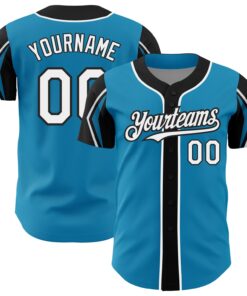 Custom Panther Blue White-Black 3 Colors Arm Shapes Authentic Baseball Jersey