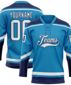 Custom Panther Blue White-Navy Hockey Lace Neck Jersey