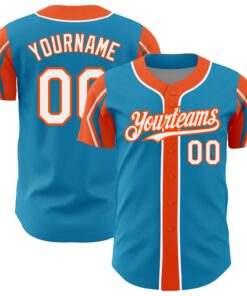 Custom Panther Blue White-Orange 3 Colors Arm Shapes Authentic Baseball Jersey