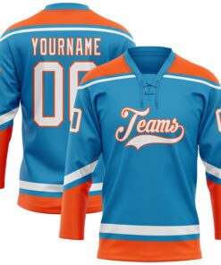 Custom Panther Blue White-Orange Hockey Lace Neck Jersey