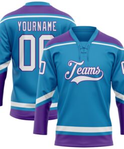 Custom Panther Blue White-Purple Hockey Lace Neck Jersey