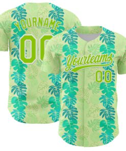 Custom Pea Green Neon Green-White 3D Tropical Hawaii Jungle Leaves Authentic Baseball Jersey