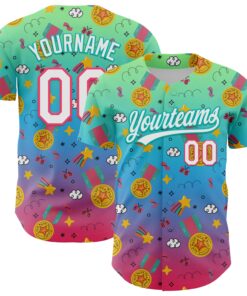 Custom Pea Green Neon Pink Aqua-Sky Blue 3D Pattern Design Champion Medal Authentic Baseball Jersey