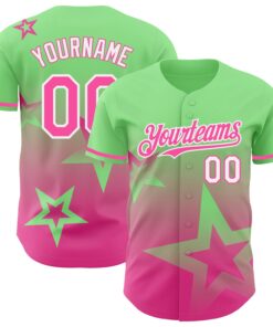 Custom Pea Green Pink-White 3D Pattern Design Gradient Style Twinkle Star Authentic Baseball Jersey