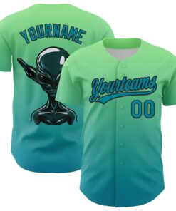 Custom Pea Green Teal-Black 3D Halloween Authentic Baseball Jersey