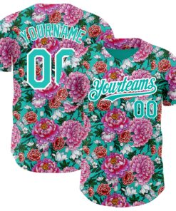 Custom Pink Aqua-White 3D Pattern Design Northeast China Big Flower Authentic Baseball Jersey