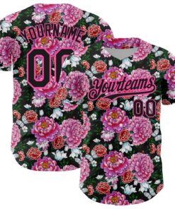 Custom Pink Black 3D Pattern Design Northeast China Big Flower Authentic Baseball Jersey