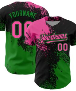 Custom Pink Black-Grass Green 3D Pattern Design Abstract Brush Stroke Authentic Baseball Jersey