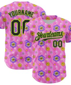 Custom Pink Black-Neon Green 3D Pattern Design Funny Cartoon Flower And Sun Authentic Baseball Jersey