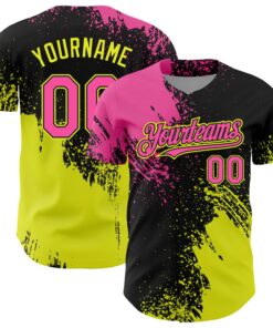 Custom Pink Black-Neon Yellow 3D Pattern Design Abstract Brush Stroke Authentic Baseball Jersey