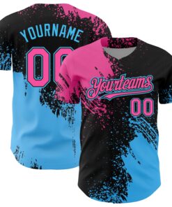 Custom Pink Black-Sky Blue 3D Pattern Design Abstract Brush Stroke Authentic Baseball Jersey