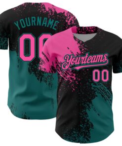 Custom Pink Black-Teal 3D Pattern Design Abstract Brush Stroke Authentic Baseball Jersey