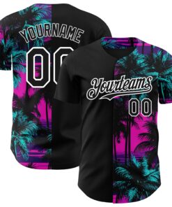 Custom Pink Black-White 3D Pattern Design Beach Hawaii Palm Trees Authentic Baseball Jersey