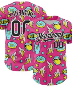 Custom Pink Black-White 3D Pattern Design Funny Cartoon Food Donut And Fruit Banana Authentic Baseball Jersey