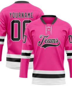 Custom Pink Black-White Hockey Lace Neck Jersey