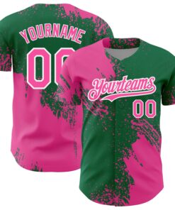 Custom Pink Kelly Green-White 3D Pattern Design Abstract Brush Stroke Authentic Baseball Jersey