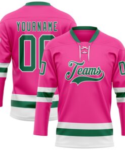 Custom Pink Kelly Green-White Hockey Lace Neck Jersey