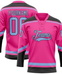 Custom Pink Light Blue-Black Hockey Lace Neck Jersey