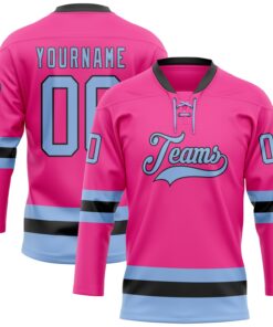 Custom Pink Light Blue-Black Hockey Lace Neck Jersey