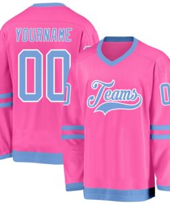 Custom Pink Light Blue-White Hockey Jersey