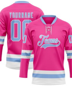 Custom Pink Light Blue-White Hockey Lace Neck Jersey