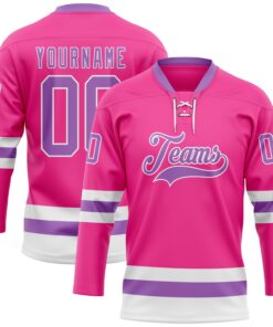 Custom Pink Medium Purple-White Hockey Lace Neck Jersey