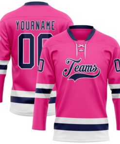 Custom Pink Navy-White Hockey Lace Neck Jersey