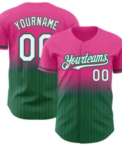 Custom Pink Pinstripe White-Kelly Green Authentic Fade Fashion Baseball Jersey