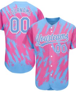 Custom Pink Powder Blue-White 3D Pattern Design Authentic Baseball Jersey
