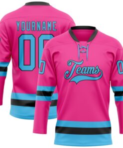 Custom Pink Sky Blue-Black Hockey Lace Neck Jersey