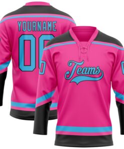 Custom Pink Sky Blue-Black Hockey Lace Neck Jersey