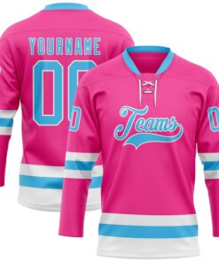 Custom Pink Sky Blue-White Hockey Lace Neck Jersey