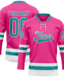 Custom Pink Teal-White Hockey Lace Neck Jersey
