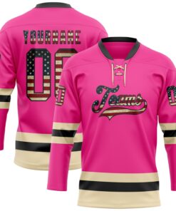 Custom Pink Vintage USA Flag Black-Cream Hockey Lace Neck Jersey