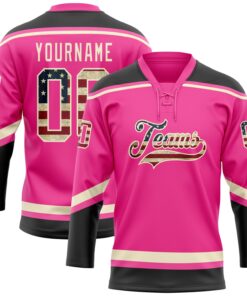 Custom Pink Vintage USA Flag Black-Cream Hockey Lace Neck Jersey
