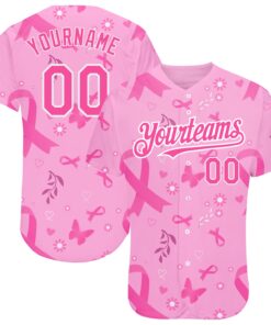 Custom Pink White 3D Pink Ribbon Breast Cancer Awareness Month Women Health Care Support Authentic Baseball Jersey